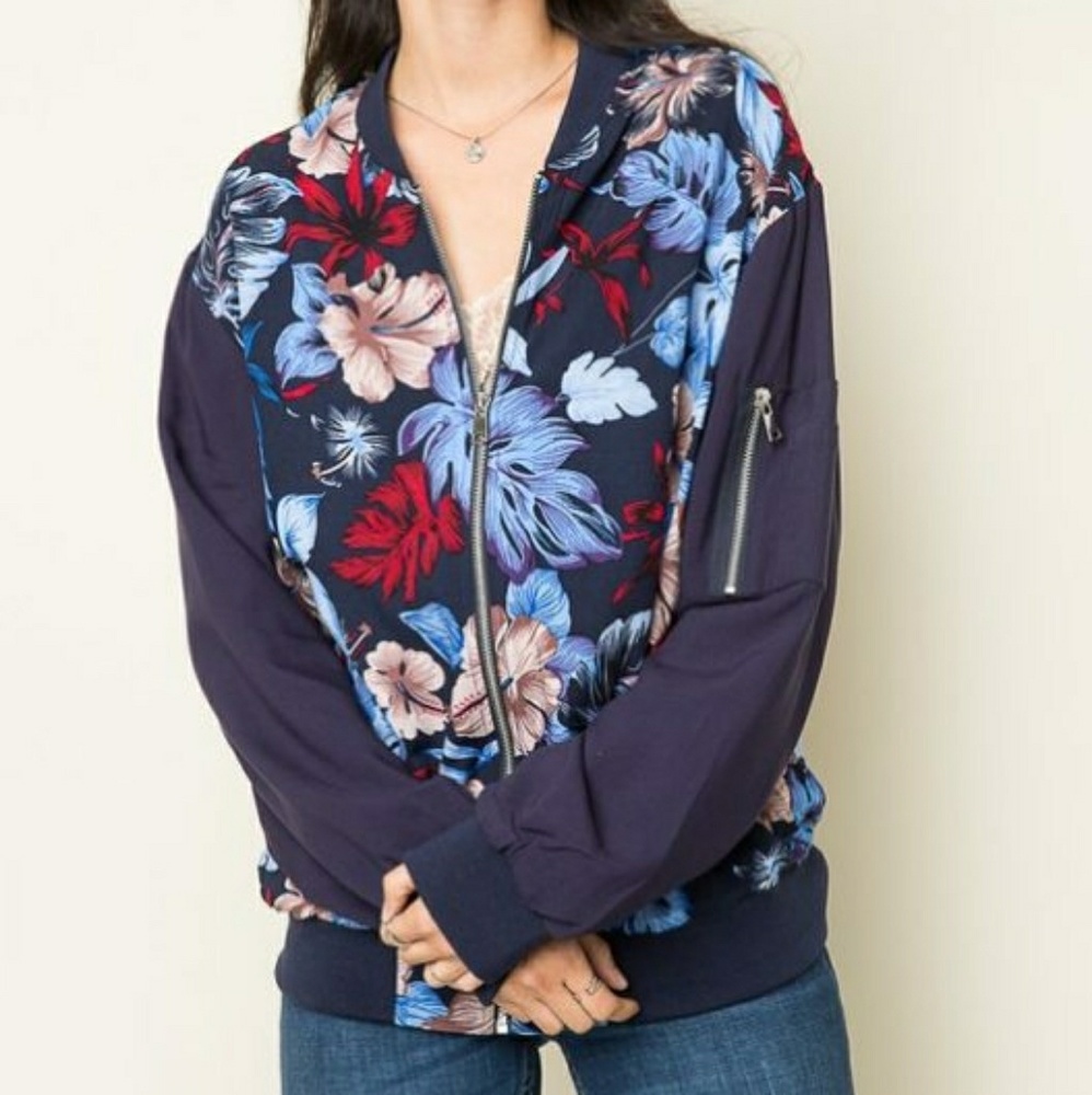 NAVY FLORAL PRINTED BOMBER JACKET - Picture 6 of 6